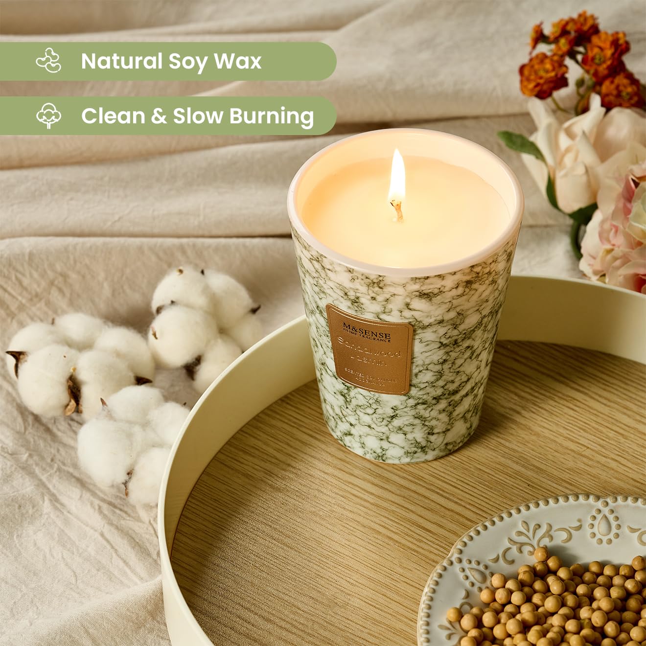 M&SENSE Sandalwood Jasmin Scented Soy Candle, 3 Wick Highly Scented 14.1 Oz 75H, Aromatherapy Christmas Gift for Women and Men