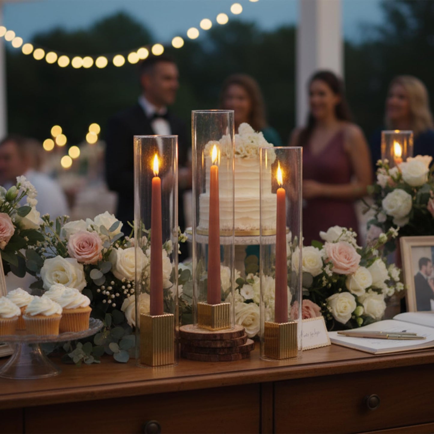LETINE 14" Tall Hurricane Candle Holders with Gold Ribbed Taper Candle Holders Set of 9– Bulk Windproof Taper Candle Hurricane Glass for Outdoor&Indoors Wedding Centerpiece, Event & Home Decor