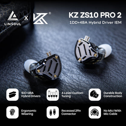 Linsoul KZ ZS10 PRO 2 in Ear Monitor IEM, 1DD+4BA Hybrid Wired Earbuds, with 4-Level Tuning Switch, 3-Way Crossover Gaming Earbuds, Silver-Plated IEM Cable for Musician Audiophile (Black, with Mic)