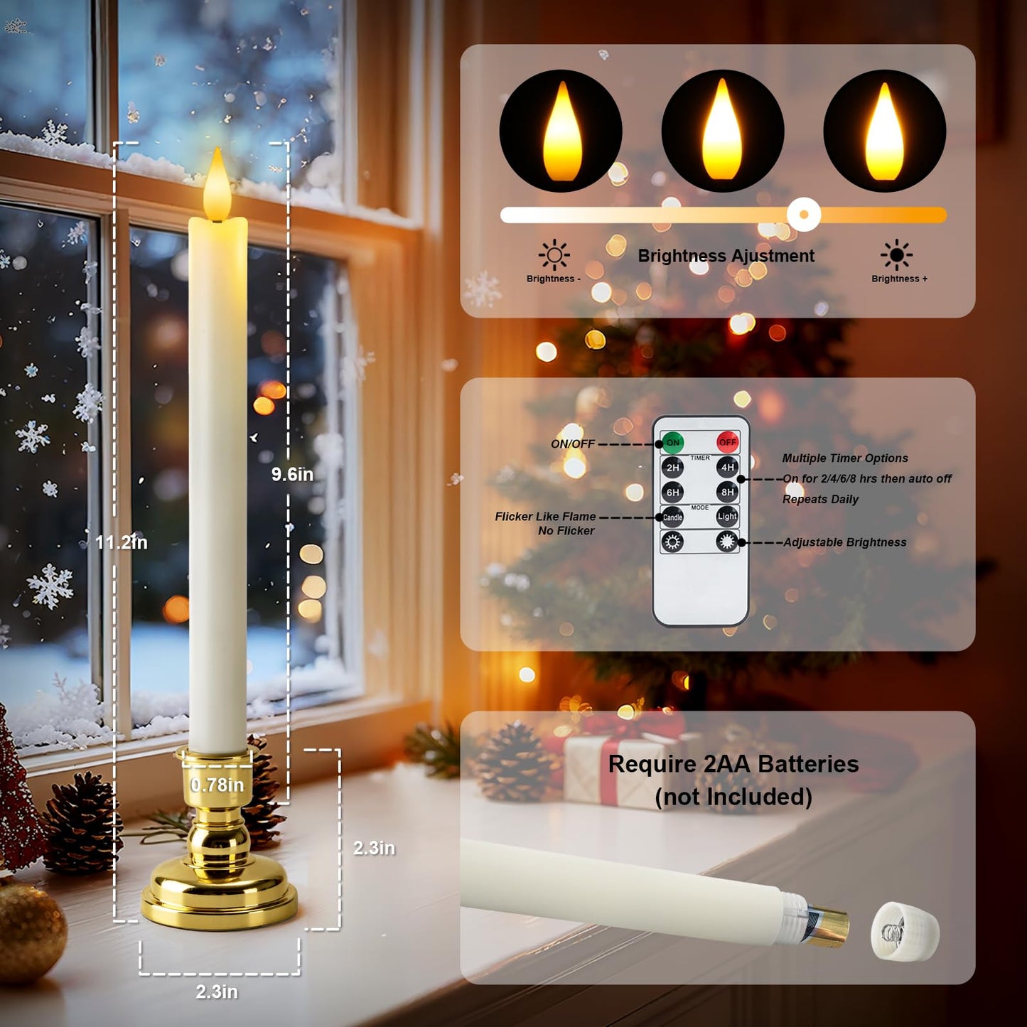 Meigic 6 Pcs Window Candles with Remote and Timer, White Battery Operated Candlesticks with Gold Holders, LED Christmas Candle for Window Home Xmas Holiday Decor
