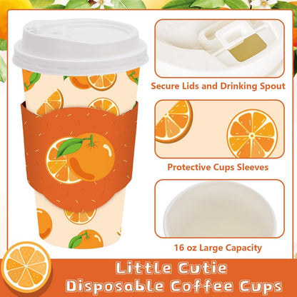 JarThenaAMCS 48 Set Little Cutie Disposable Coffee Cups with Lids and Sleeves Orange Paper Cups Cute Drinking Cup for Baby Shower Birthday Party Supplies