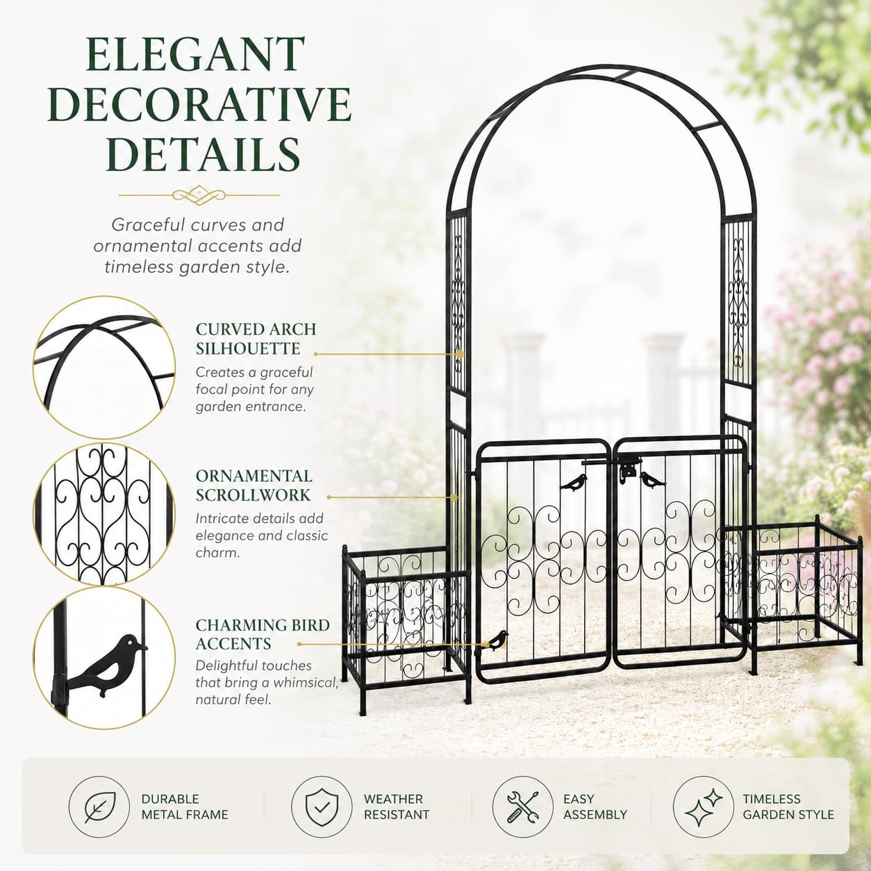 ELOMBR 7.2FT Metal Garden Arch Trellis, Heavy Duty Metal Garden Arbor with Door&Planting Frame for Climbing Plants Outdoor, Double-Layered Trellis Arch for Wedding Ceremony Party, Black, 16mm
