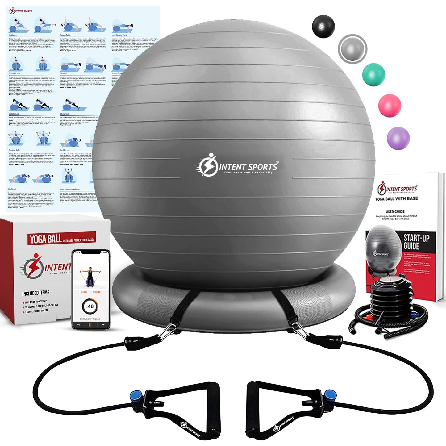 INTENT SPORTS Yoga Ball Chair – Stability Ball with Inflatable Stability Base & Resistance Bands, Fitness Ball for Home Gym, Office, Improves Back Pain, Core, Posture & Balance (65 Cm)