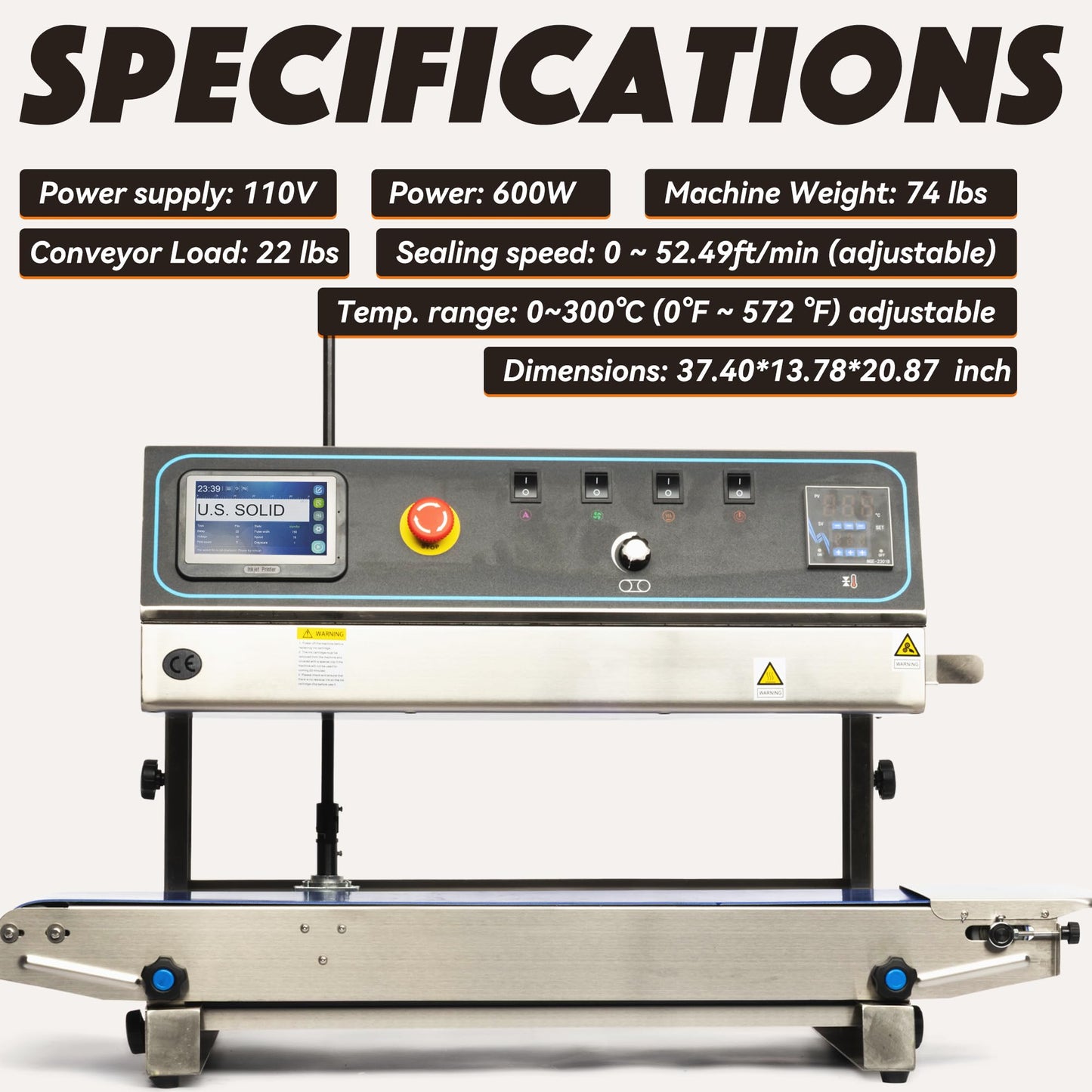 U.S. Solid Continuous Band Sealer with Inkjet Printer, Automatic Vertical Bag Sealing Machine, 0.39" Sealing Width, 0-16 m/min, 0-572°F, for PVC/Mylar Commercial Industrial Packaging