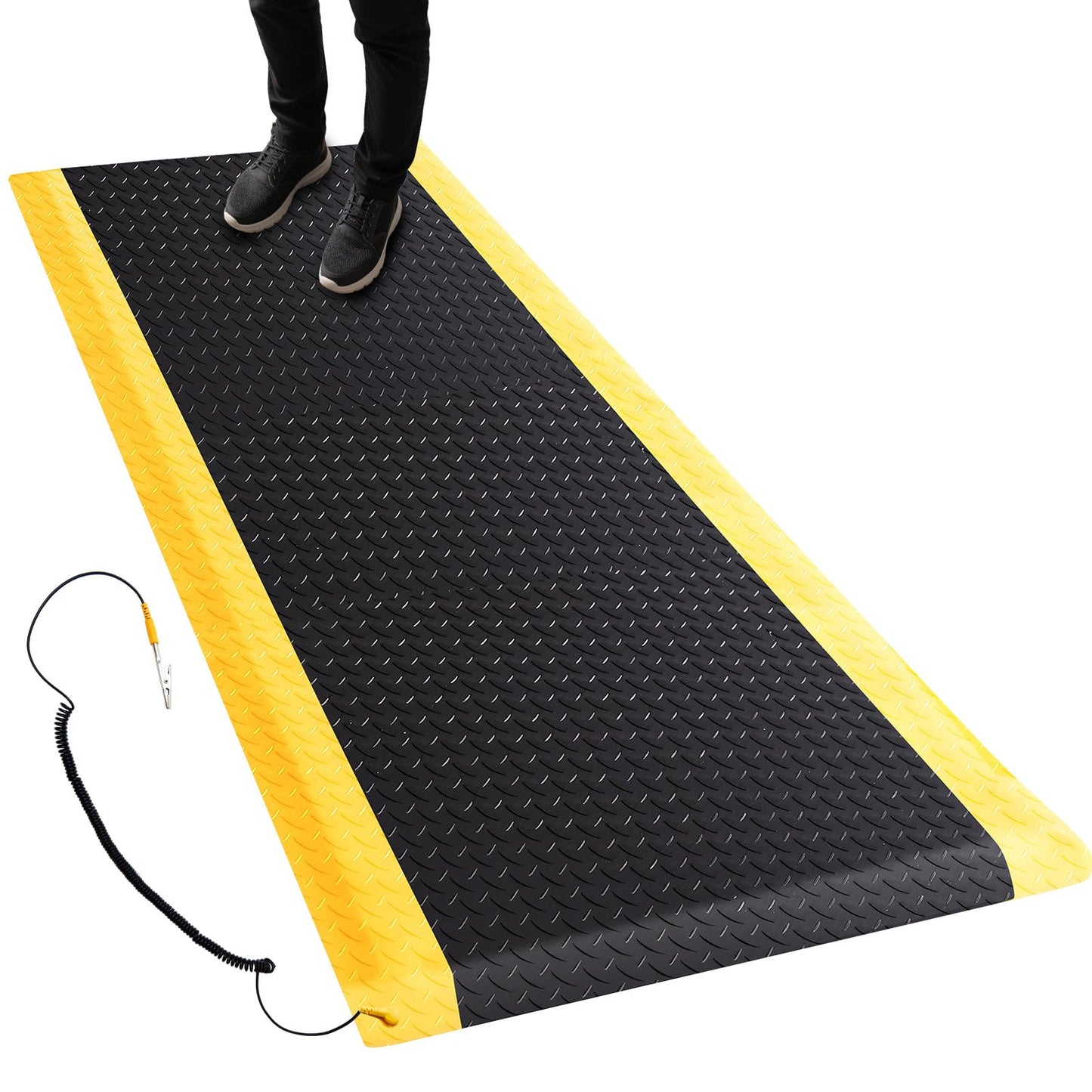 Drydiet 1 Pcs 3'x5' Anti Fatigue Mat Industrial, ESD Conductive Pad with Ground Wire, Heavy Duty Ergonomic Standing Floor Mat for Commercial Work, Shop Stand, Thick 3/4" Black with Yellow Border