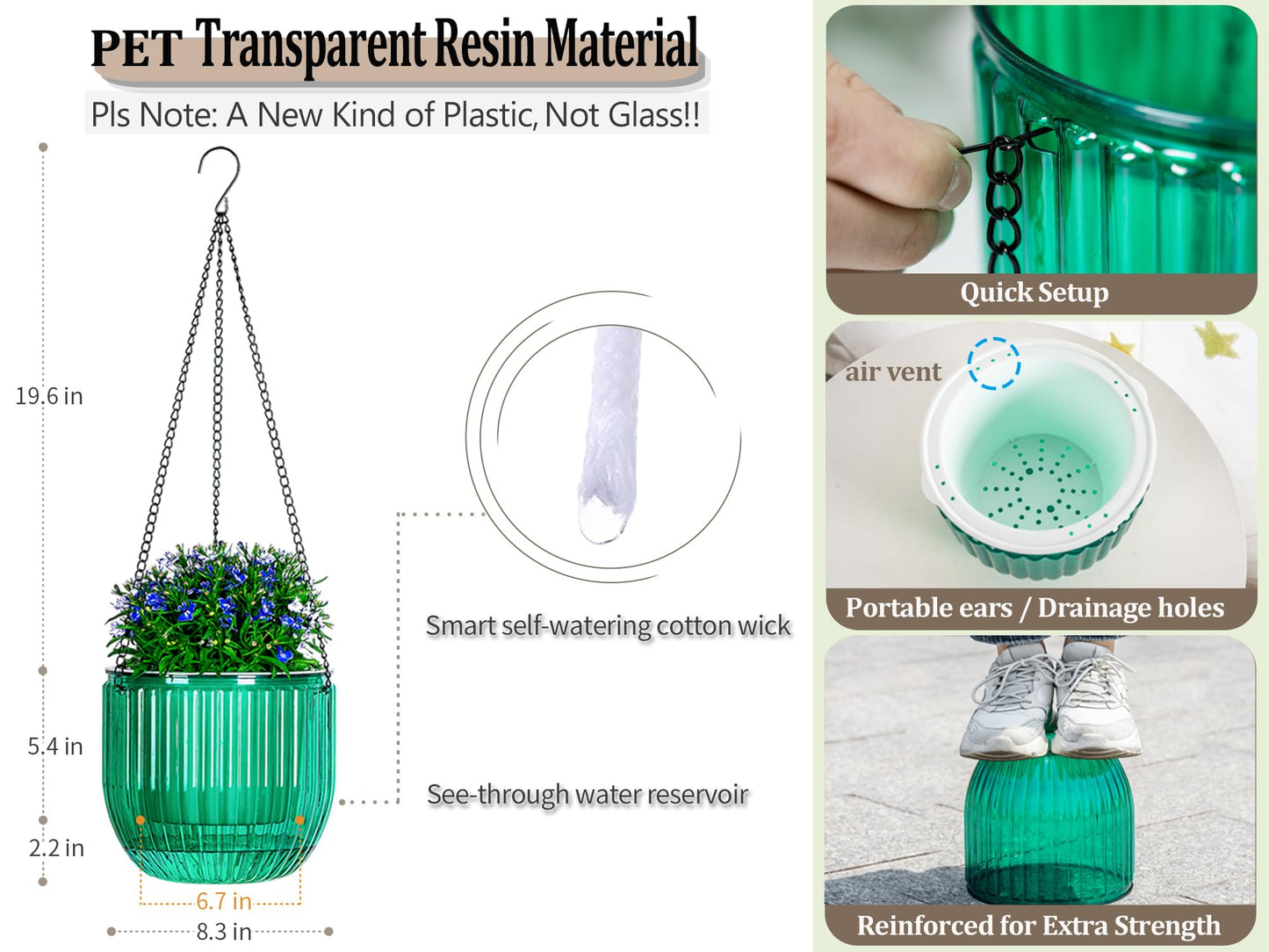 Melphoe 1 Pack Self Watering Hanging Planters Indoor Flower Pots, 8.3 Inch Outdoor Hanging Plant Pot Basket, Plant Hanger with 3Hooks Drainage Holes for Garden Home