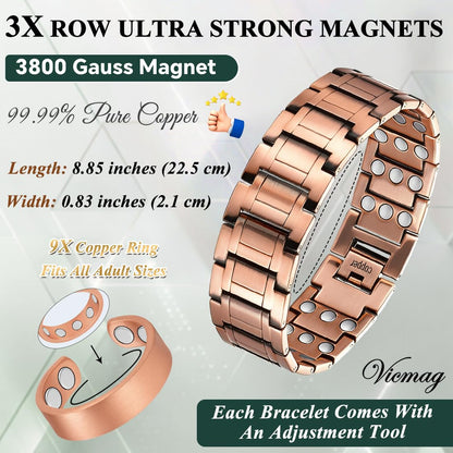Vicmag Copper Magnetic Bracelet for Men, 3X Strength Magnets, Pure Copper Bracelet & 9X Magnet Ring Set, Adjustable Fit with Sizing Tool(Classic Copper)