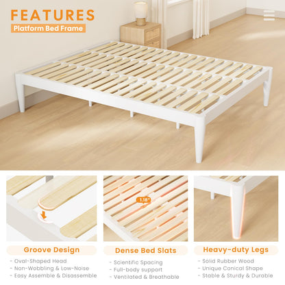 IOTXY Full Platform Bed Frame - Solid Wood 16-Inch Height Mattress Foundation Base with Densely Slats and Heavy-Duty Support Legs, No Box Spring Needed, White