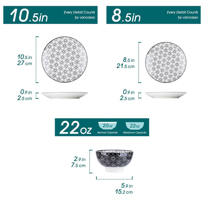 vancasso Haruka 12 Pieces Plates and Bowls Set, Ceramic Dinnerware Sets for 4, Black and White Porcelain Dishes Set
