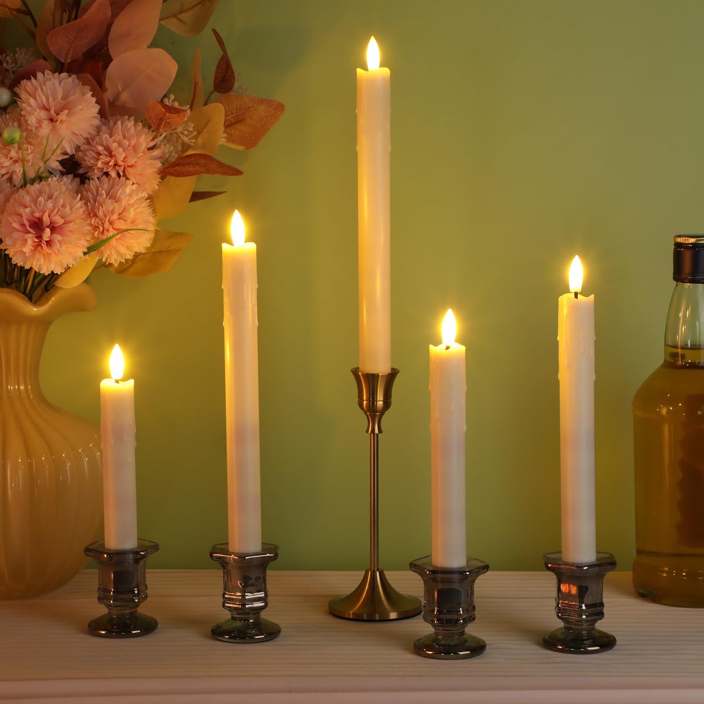 Macarrie 24 Pcs Ivory Flameless Taper Candles LED Battery Operated 6.5'', 7.7'', 8.8'', 10'' 3D Flickering Flame Candlesticks Drip Wax Shaped Candle for Valentine Anniversary Wedding Party Decoration