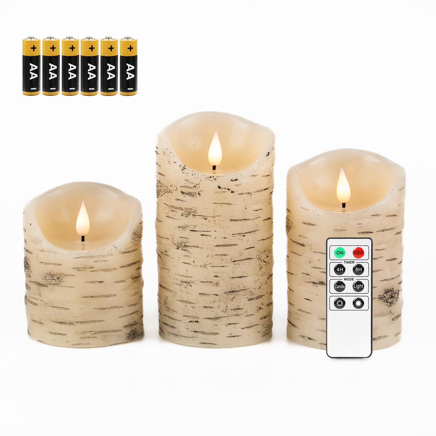 Fanna Set of 3 Flameless LED Birch Bark Candles with Timer, Battery Operated Wax Candles with Remote for Christmas, 6 Batteries Included - H 4"/5"/6"