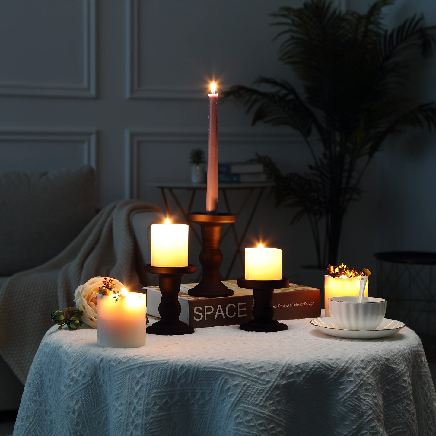 GMWD 3 Pcs Black Glass Candle Holder Set Clear, Candlesticks Holders Pillar Taper Candles Tealight Stand for Wedding Centerpieces Home Decorations Dining Table