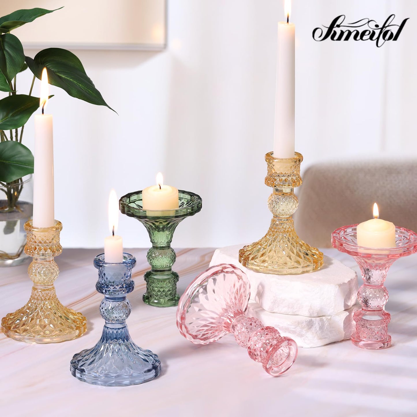 Simeitol Glass Candle Holder Set of 12, Pink Taper Candle Holders Bulk, Vintage Candlestick Holders, Candle Stick Holder for Table Centerpieces, Wedding & Mother's Day