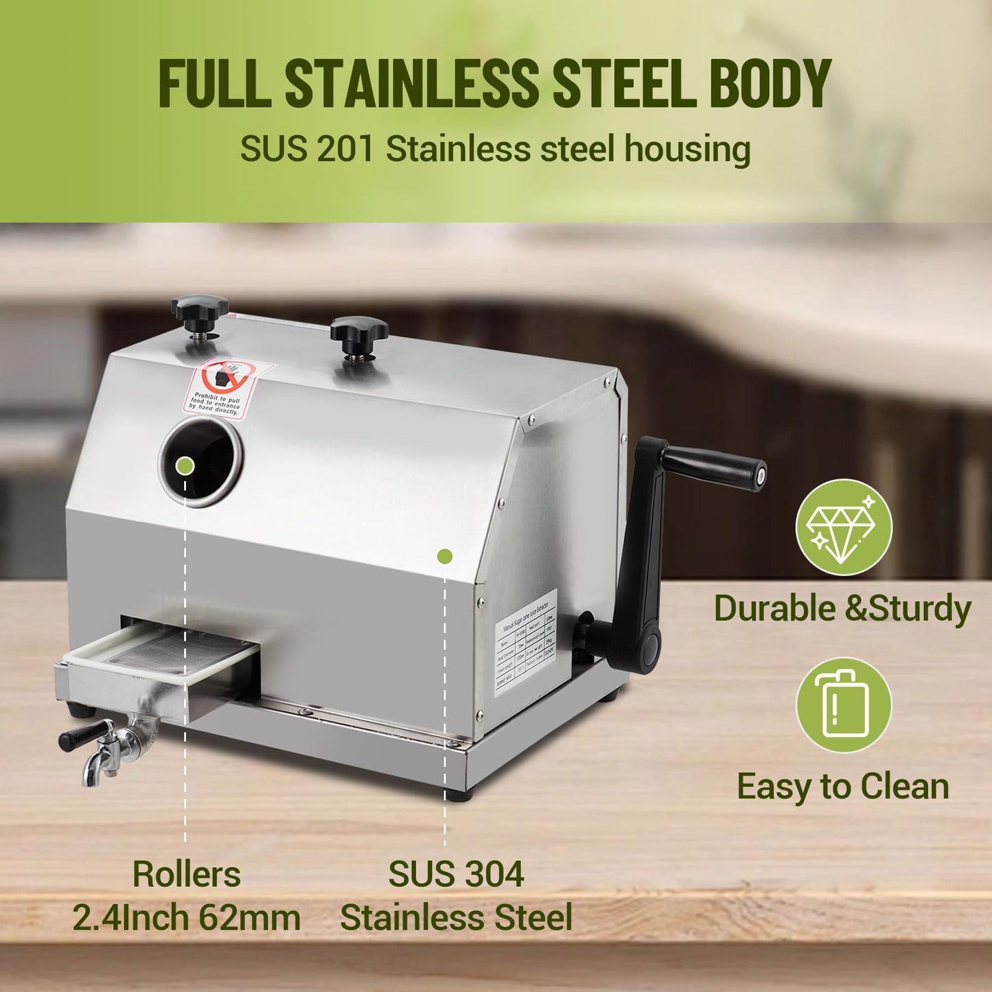 Manual Sugar Cane Juicer Machine, Commercial 110LBS/H High Output Sugar Cane Press, Sugarcane Juicer, 3 Stainless Steel Rollers, 2.4Inch Large Feeding Chute,Home&Commercial Extractor Squeezer