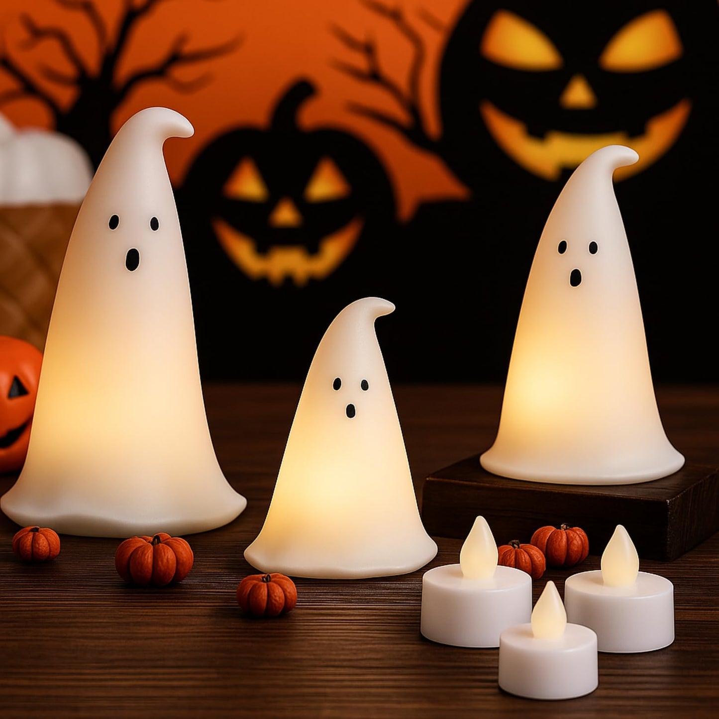Colingmill Halloween Resin Ghost Figurine with 3 LED Tea Lights, Ghost Candle Holder Set of 3, Spooky Tabletop Indoor Halloween Light up Decor for Holiday Party, White Hollow Spooky Sculptures