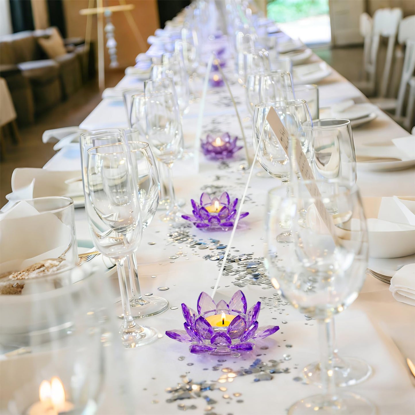 Kolnlala 1 Pc Purple Crystal Lotus Flower Tealight Candle Holder | Glass Votive Candlestick Decor for Home, Wedding, Party & Christmas Table Centerpieces