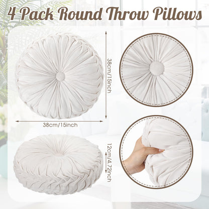 Beeveer 4 Pcs Round Throw Pillows 15 Inch Decorative Velvet Pleated Pumpkin Pillows Boho Floor Pillow with Center Button for Living Room Couch Chair Bed Sofa Home Decoration (Ivory)
