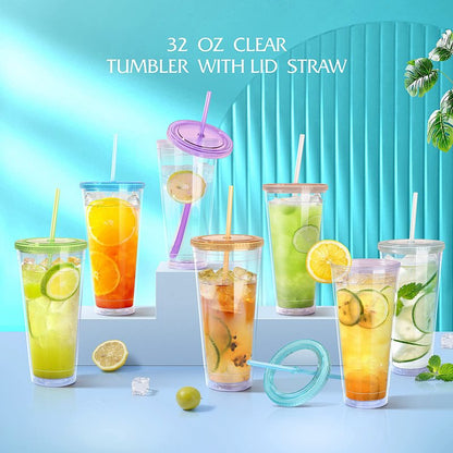 Luxfuel 32 oz Acrylic Tumblers with Lid & Straws, Double-Walled Insulated Clear Plastic Drink Cup, BPA-Free, Reusable Iced Coffee Cups for Parties, Birthdays, Graduation, Fits Car Cup Holders - 4 Pack