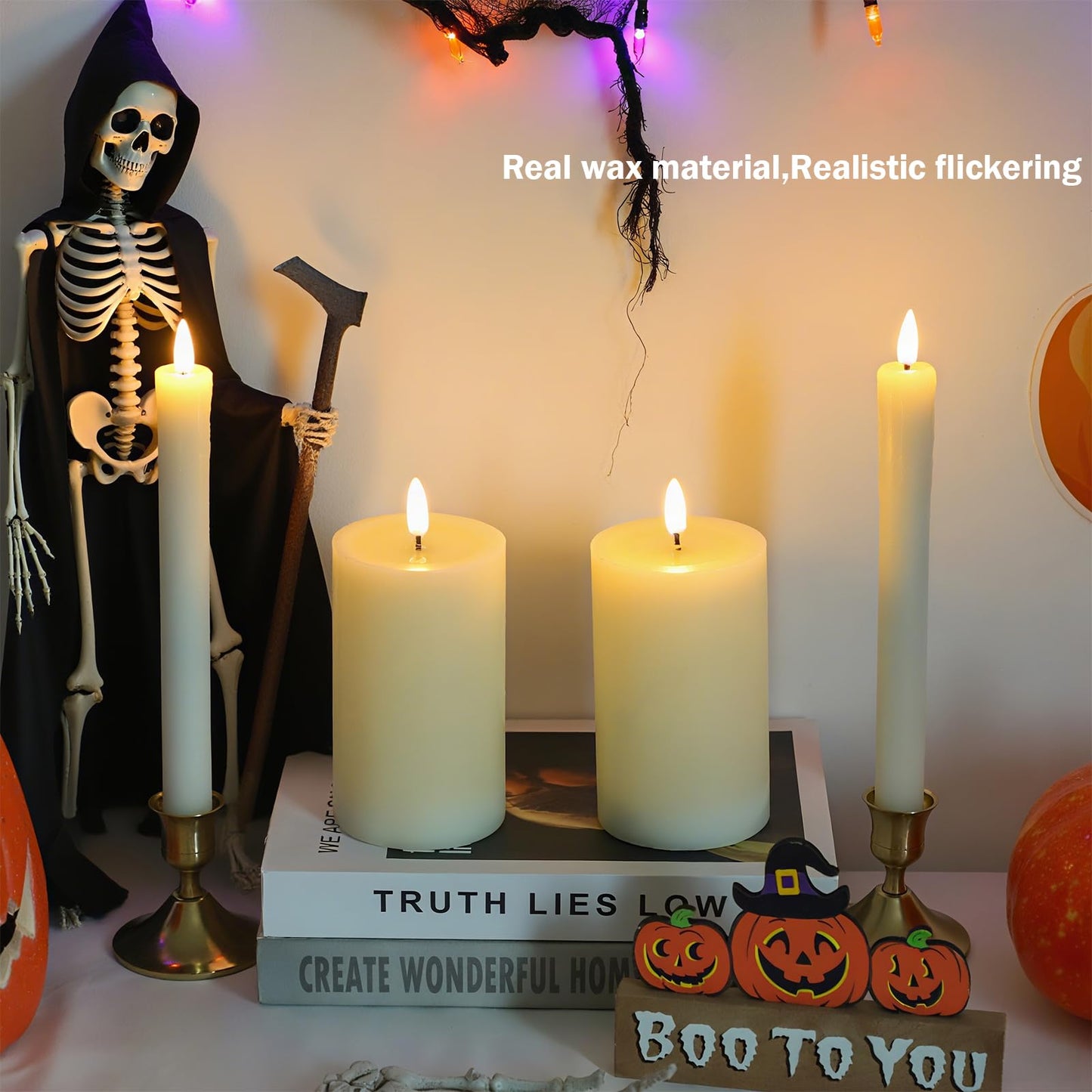 Hinabichan Real Wax LED Flameless Candles with Remote Timer, 4 Pcs Ivory Battery Operated Window Candle with 3D Flickering Flame for Fireplace Xmas Halloween Wedding Decor (9.5" Taper & 5" Pillar)