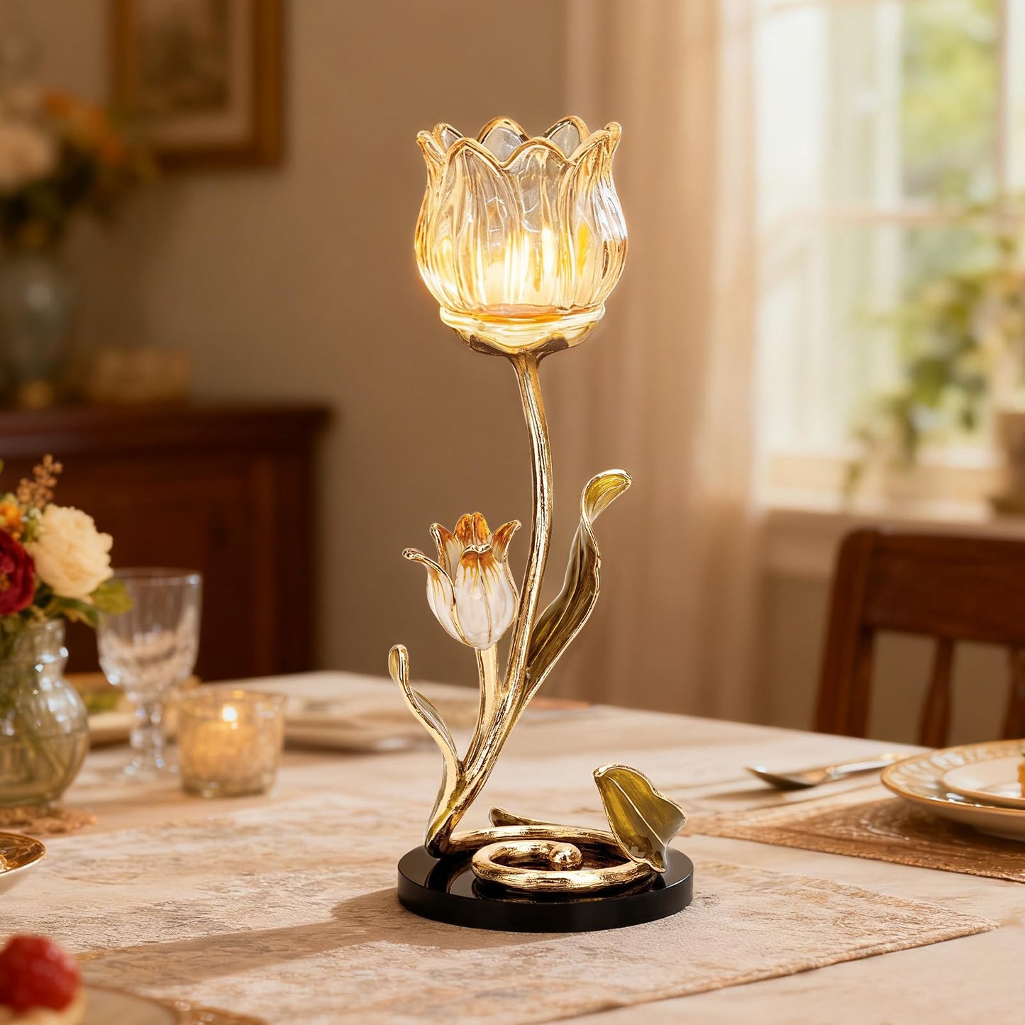 Luxury Crystal Base Glass Flower Candle Holder – Gold Plated Zinc Alloy with Enamel, Romantic Tea Light Holder, French Style Wedding Table Centerpiece, Home Decor