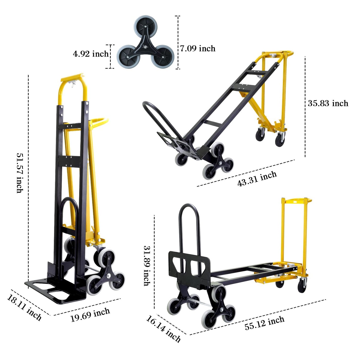 SHUNWATER 4 in 1 Convertible Hand Truck Dolly Cart,1000 lbs Capacity Hand Trucks Heavy Duty,Stair Climbing Dolly for Moving House,Business Delivery,Transportation(Black Yellow)