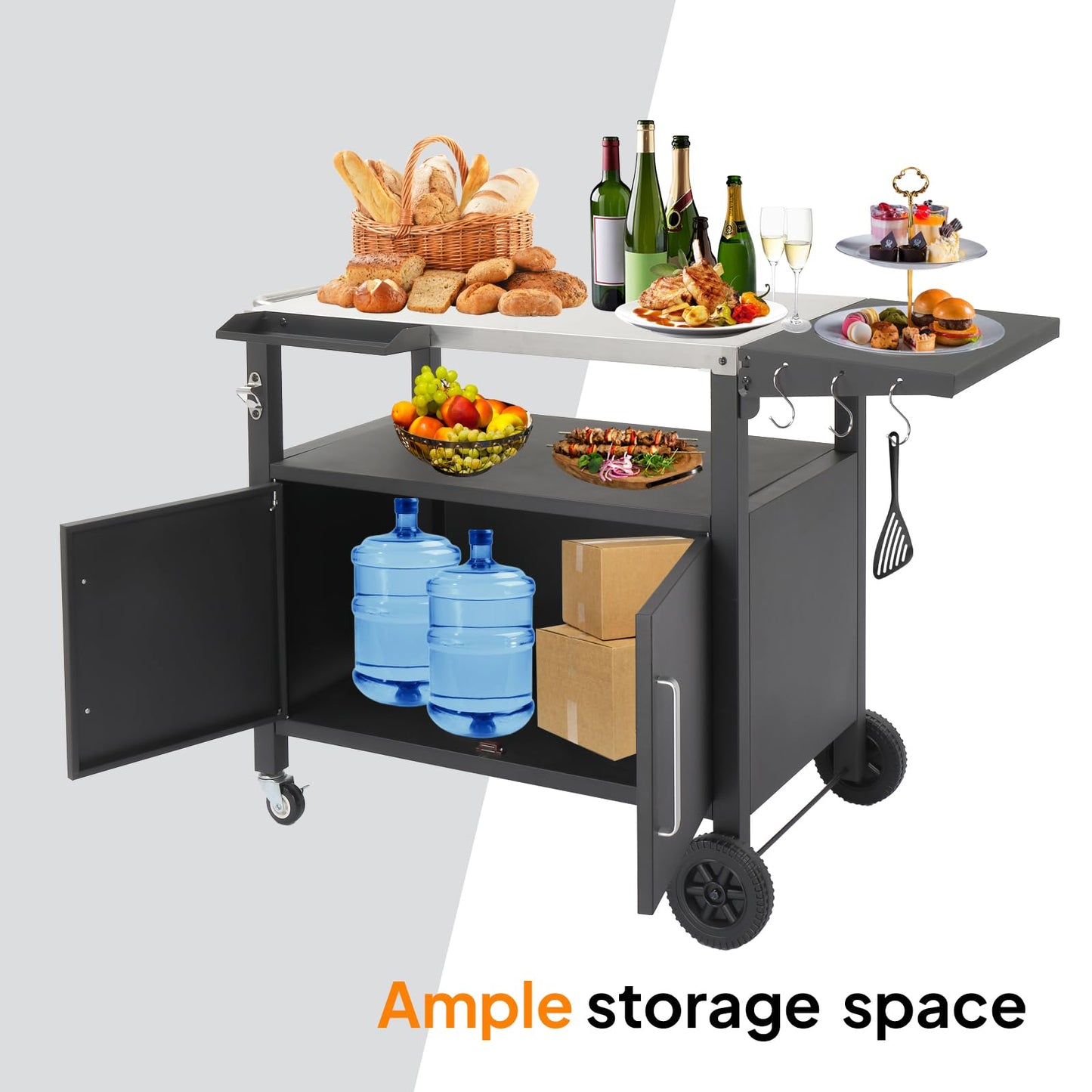 ROVSUN Gourmet Grill Cart with Storage, Movable Grill Table with Wheels, Hooks and Spice Rack, Stainless Steel Top & Storage Cabinet, Pizza Oven Cart for Camping, Tailgating, and Outdoor Cooking