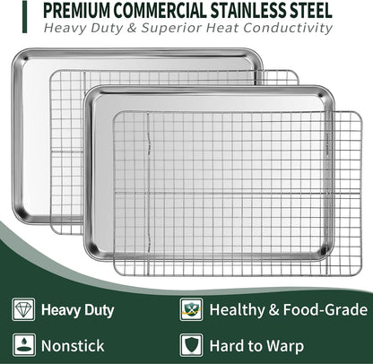 Quarter Sheet Pan with Cooling Rack Set [2 Baking Sheets + 2 Baking Racks], CEKEE Stainless Steel Cookie Sheets for Baking and Wire Rack - Rust & Warp Resistant & Nonstick, Size 12 x 9.8 x 1 Inch