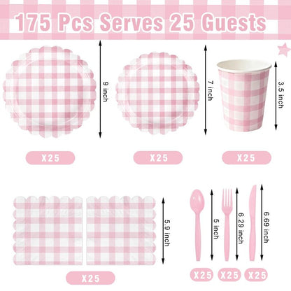 175 PCS Pink Gingham Party Supplies Includes Pink Gingham Paper Plates, Cups, Napkins, Cutlery for Baby & Bridal Shower, Wedding, Birthday Party, Outdoor Picnic, Serves 25