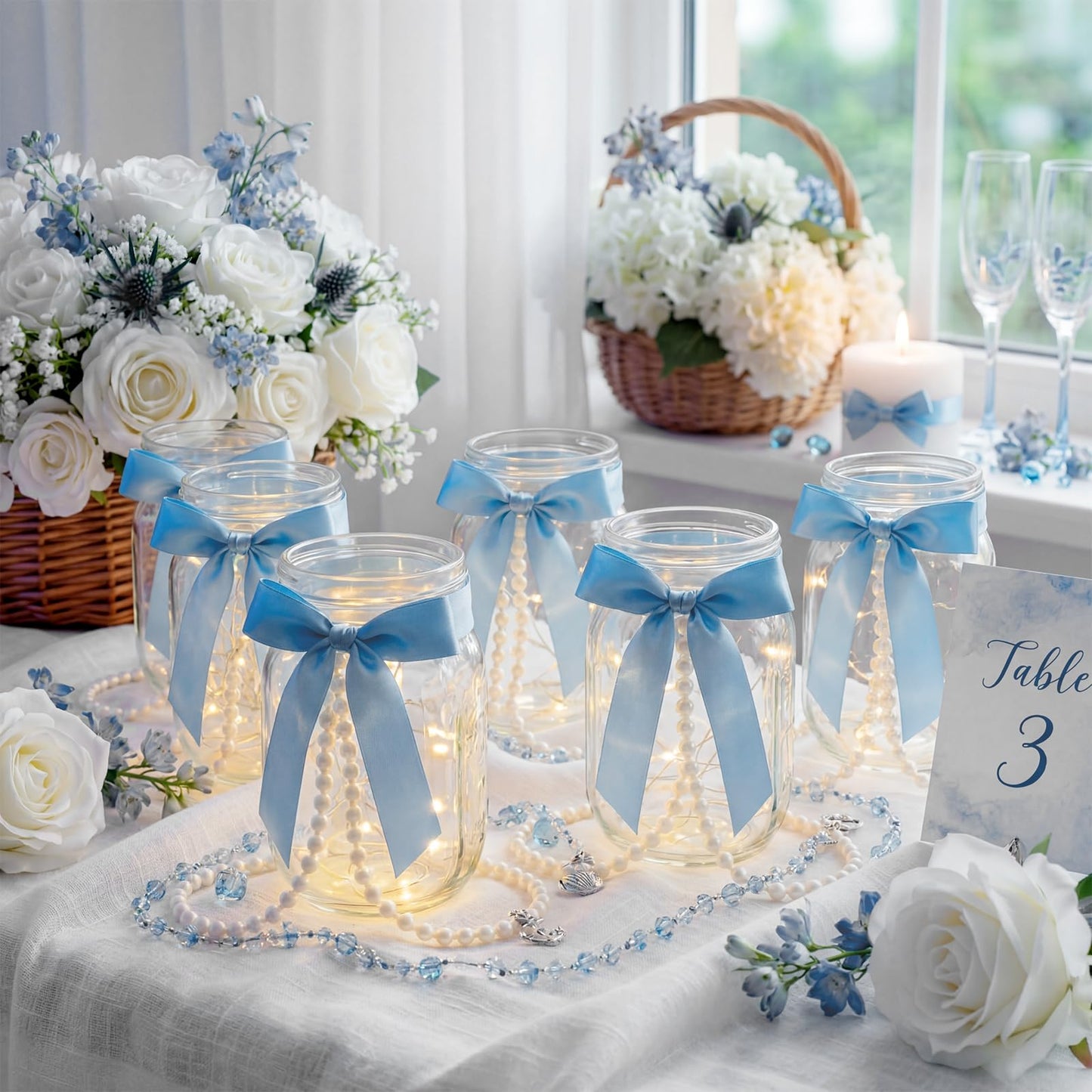 Gandeer 6 Sets Blue Mason Jars Centerpieces for Table Bridal Shower Mason Jar Lights Vases with Bow and Pearl Ribbon Bow Vase for Flowers Table Engagement Party Bridal Shower Wedding Centerpieces