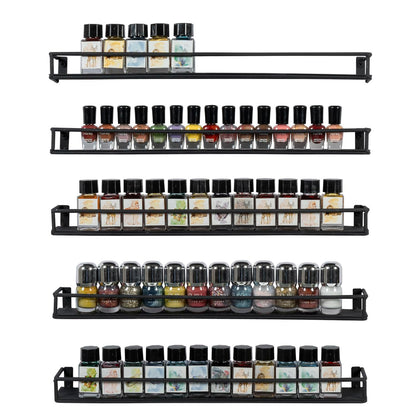 MyGift 16 Inch Wall Mounted Black Metal Nail Polish and Essential Oil Display Shelves, Kitchen Hanging Racks for Seasoning Shakers or Spice Jars, Set of 5