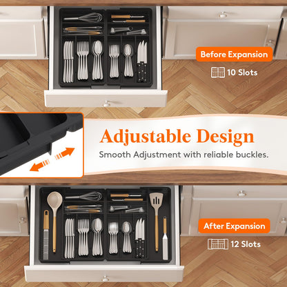 Lifewit Large Silverware Drawer Organizer, Expandable From 21 to 36 Inches, BPA Free Plastic Utensil Tray for Kitchen, Adjustable Flatware and Cutlery Holder for Spoons Forks Knives, Black