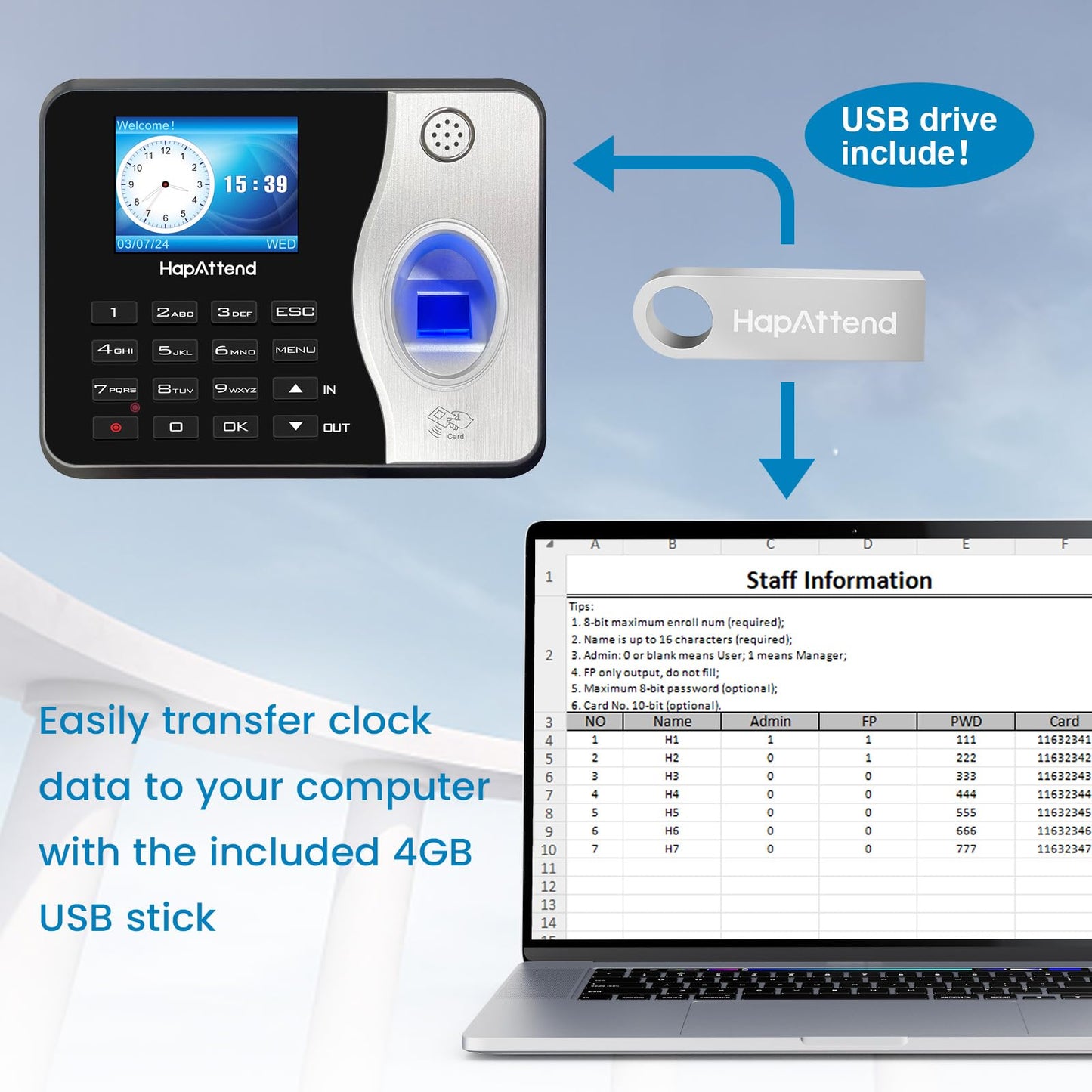 HapAttend Time Clock Bundle with 15 RFID Cards, 0 Monthly Fees Standalone Biometric Time Attendance Punch Machine with Fingerprint, RFID and PIN