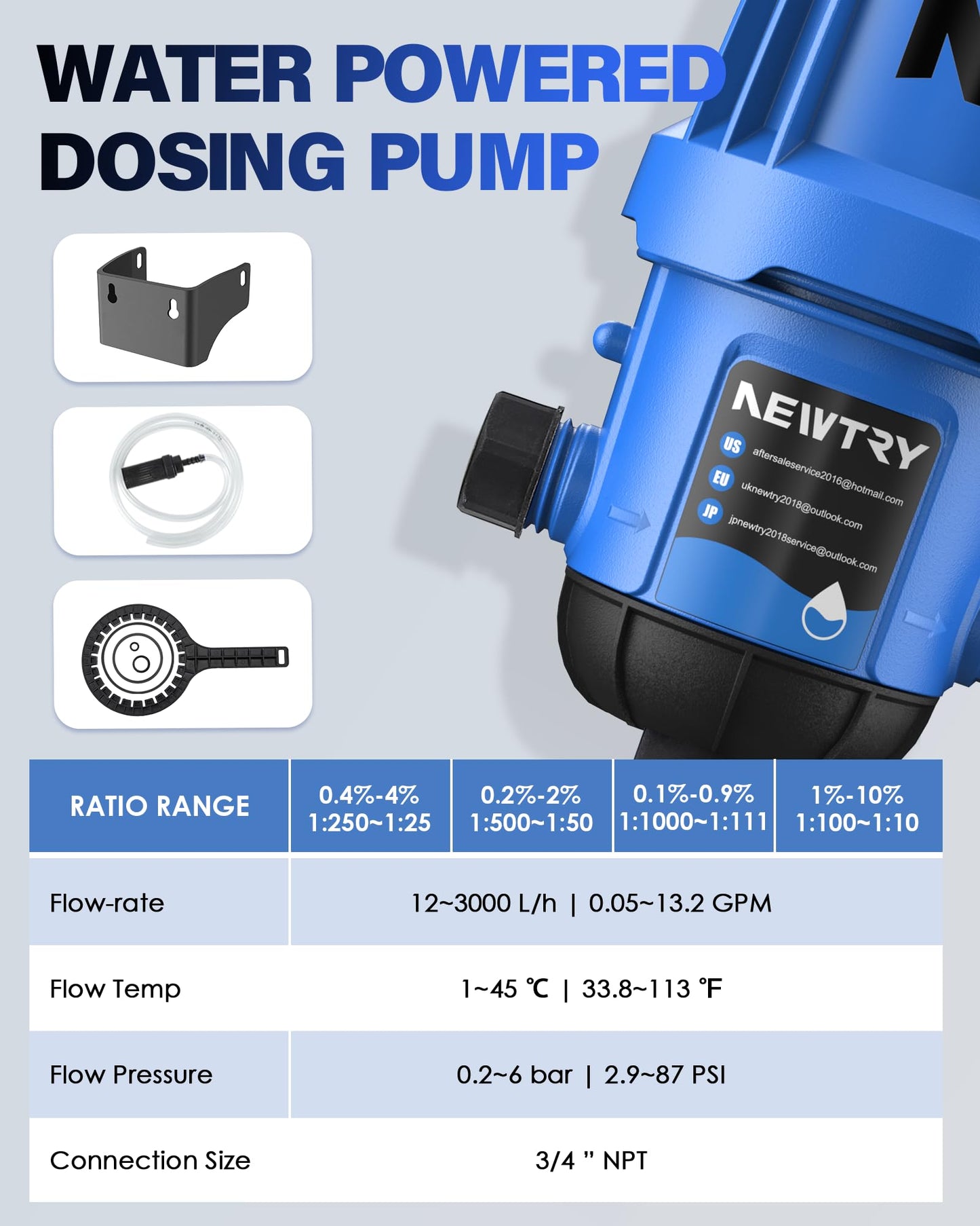 NEWTRY Fertilizer Injector for Drip Irrigation, 1%-10% Adjustable Dosing Pump, 3/4'' NPT Water Powered Liquid Doser for Garden, Greenhouse, Irrigation & Hydroponic System, Farm, Grow Tent Blue