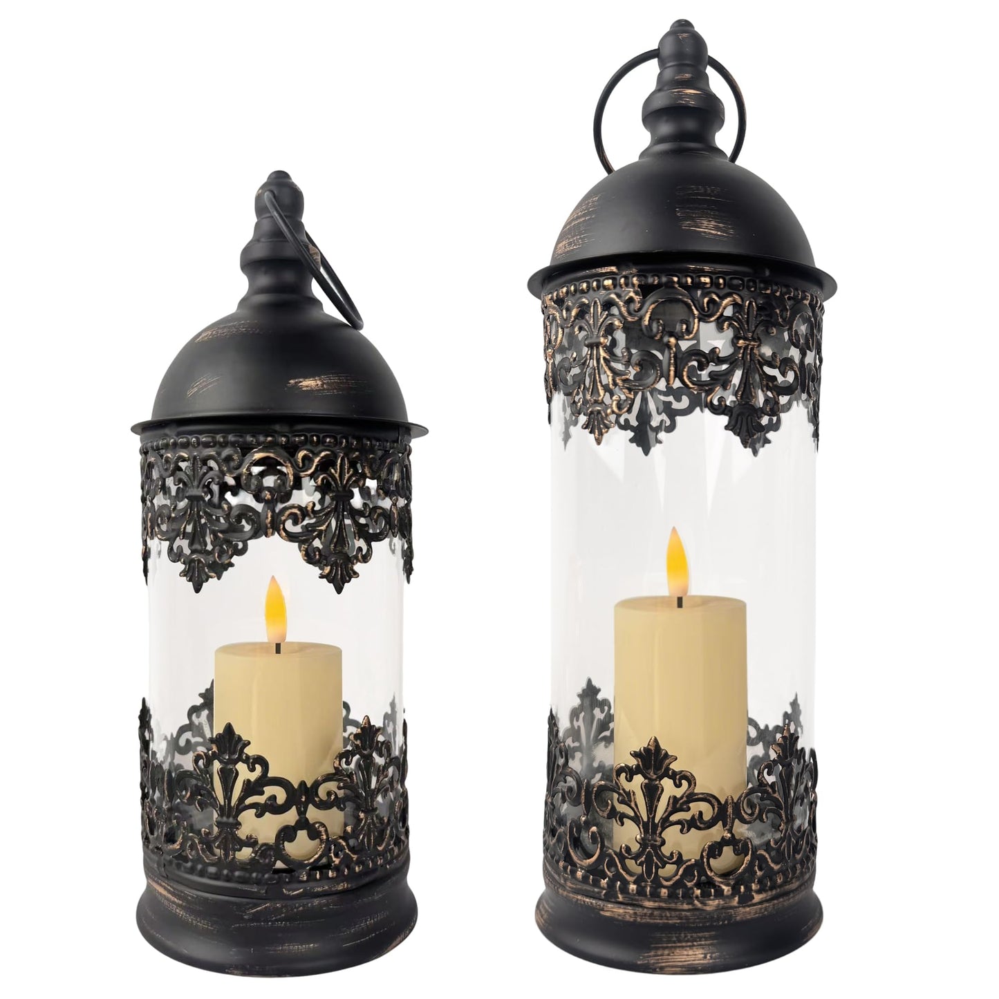 HiSnug Candlestick Holders with Flameless Candles - Gothic Vintage Hurricane Candle Holder, Portable Wind Lamp Barn Lantern Suspended Candleholders for Table Shelf Balcony Eaves, 2PCS, S+L, Black