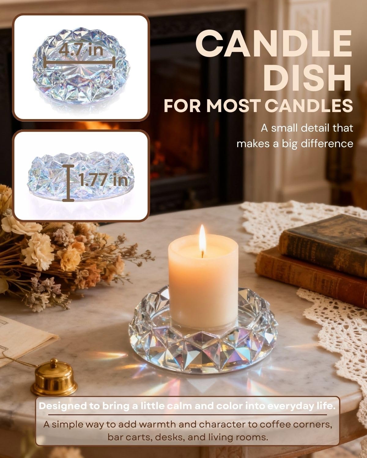 Loyipu Geometric Glass Candle Holder for 3-Wick Candles – 6in Large Crystal Candle Tray for Large Jar Candles, Scented Candles & Diffusers (Crystal Iridescent)