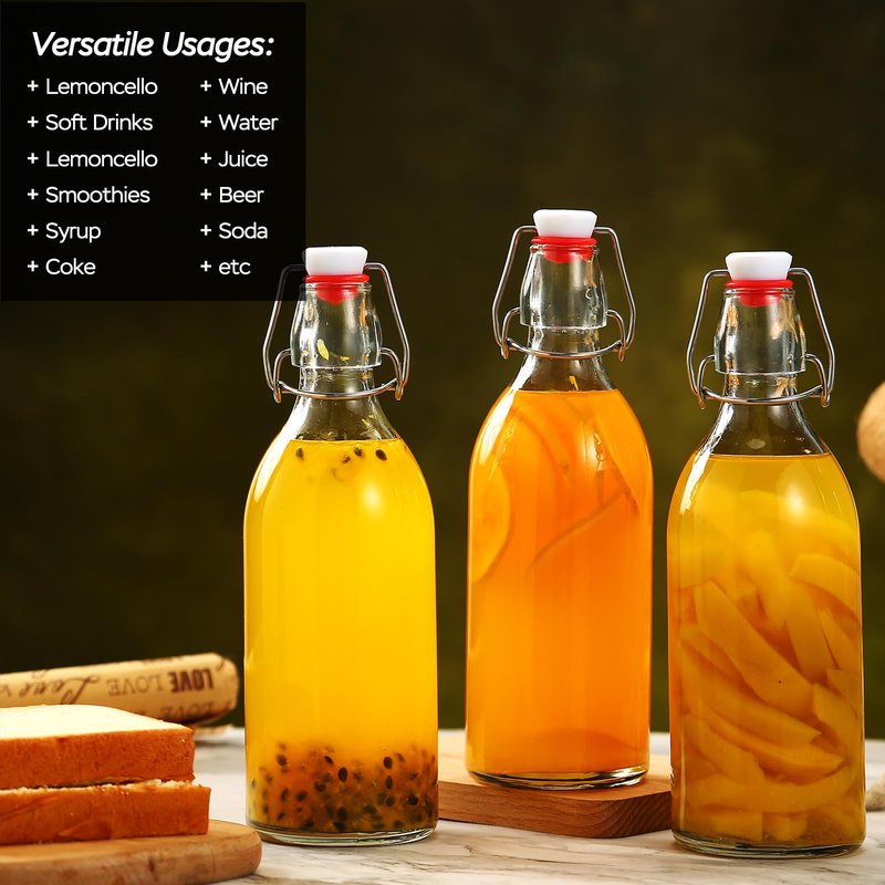 4 Pack Swing Top Glass Bottles 32 oz,Flip Top Glass Bottles 32 oz with Airtight Lids for Home Brewing,Kombucha,Kefir,Vanilla Extract,Beer,Oil,Vinegar,Homemade Juices,Soda,Beverages,2nd Fermentation