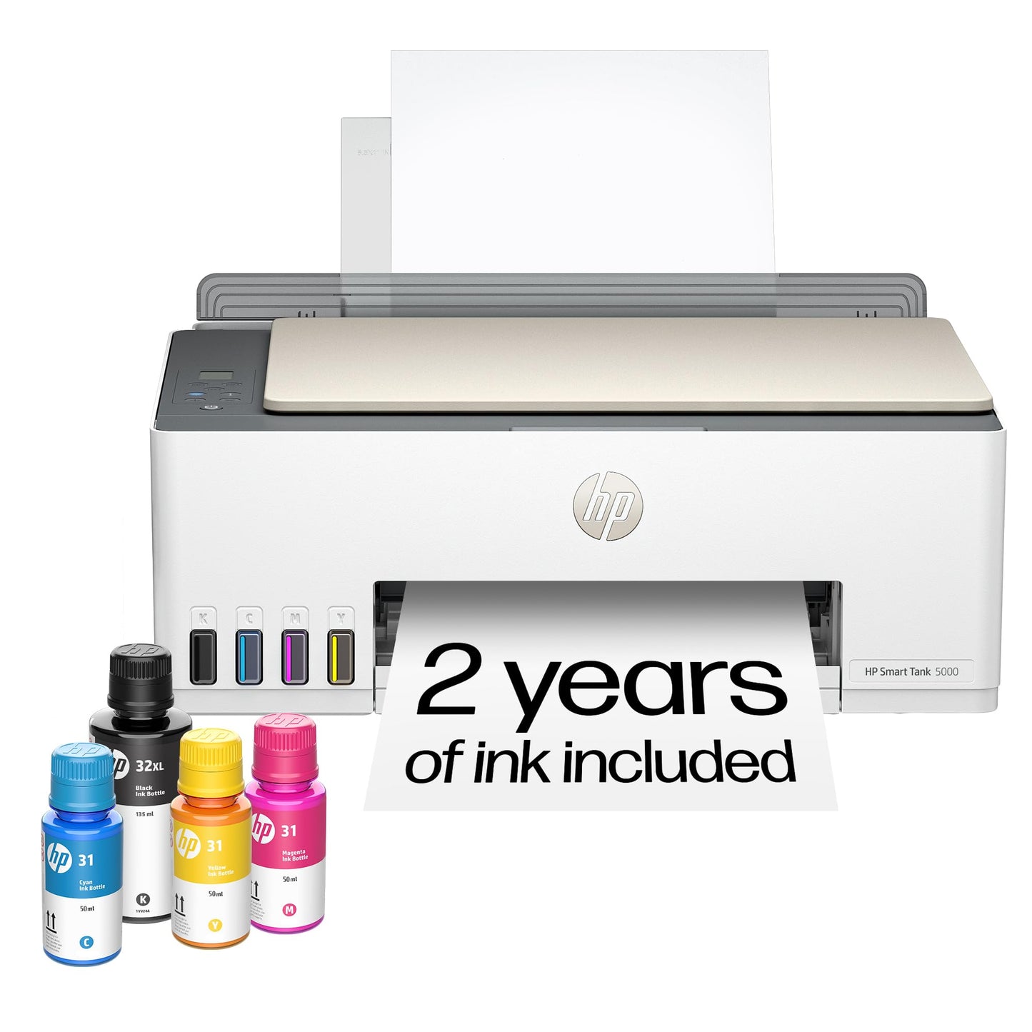 HP Smart Tank 5000 Wireless All-in-One Ink Tank Printer, Scanner, Copier with 2 Years of Ink Included, Best-for-Home, Cartridge-Free, Refillable and AI-Enabled. (5D1B6A)