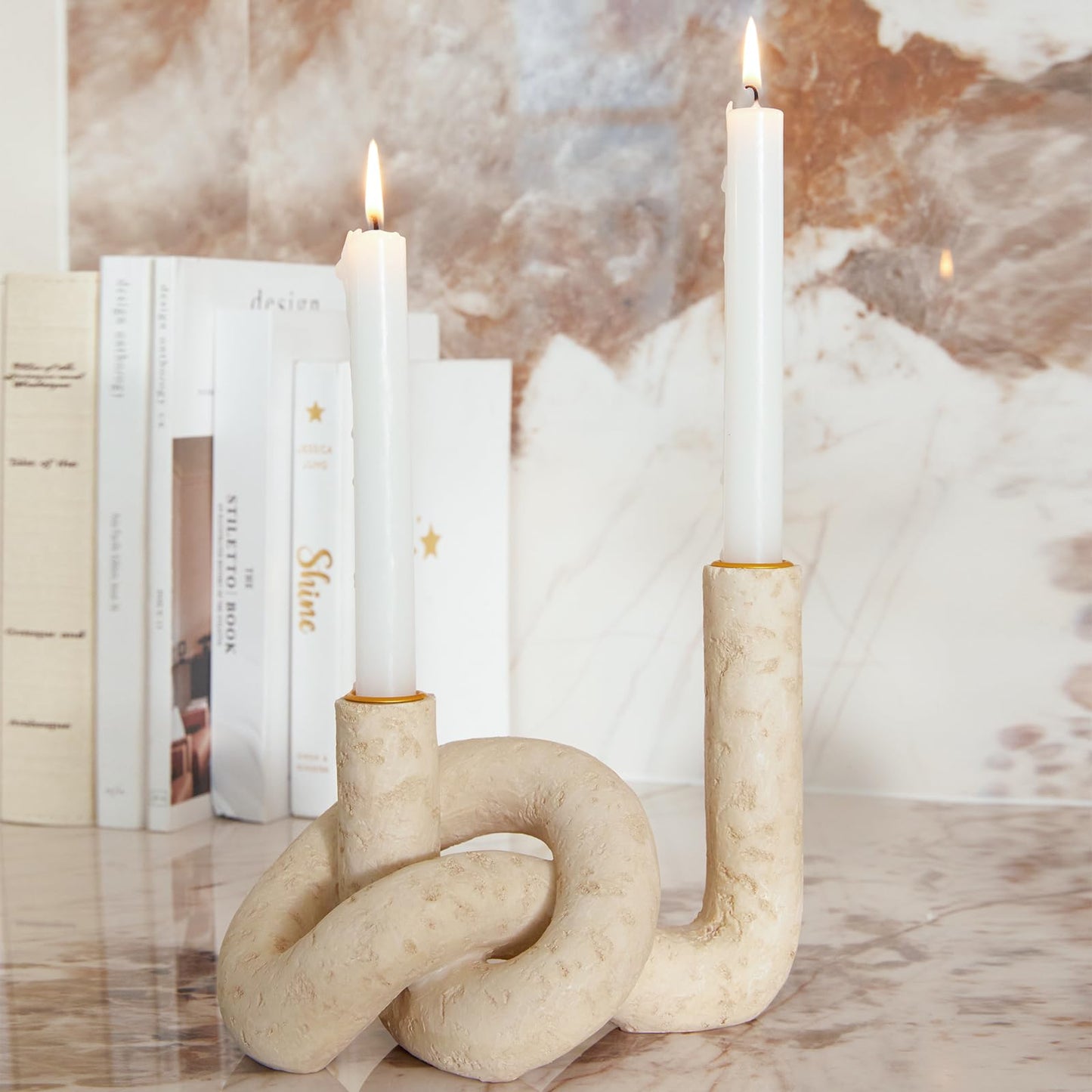 DN DECONATION Knot Shaped Taper Candle Holders - Travertine Resin Candlestick Holders, Candle Sticks Holder Boho Farmhouse Decor Coffee Table Centerpiece for Living Room Fireplace Wedding