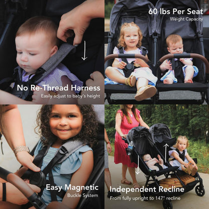 Strolee Lightweight Double Side by Side Stroller - 22 Lbs, 9.5" Compact Fold, Twin Nap Ready Seating, No Rethread Harness, Magnetic Buckle & Ultra Plush Seat 60Lb Max Per Seat- (v2 Black)
