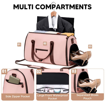 Vessgra Garment Bag for Airplane Travel,Weekender Travel Bag for Women, 2 in 1 Convertable Garment Duffle Bag with Shoes Compartment Carry on Bag Hanging Garment Bag Travel with Shoulder Strap,Pink