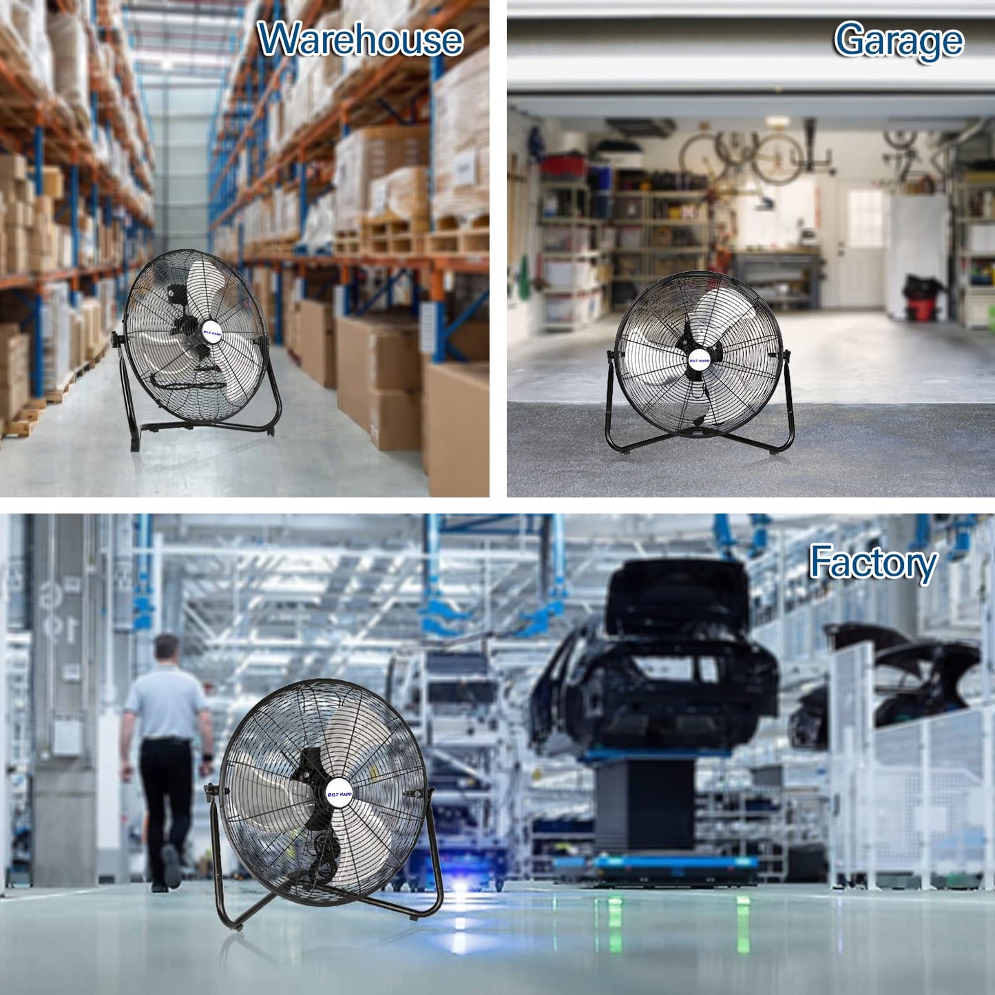 BILT HARD 4600 CFM 20" High Velocity Floor Fan, 3-Speed Heavy Duty Metal Fan with Wall-Mounting System, Industrial Shop Fan for Commercial, Garage, and Greenhouse, 2 Pack