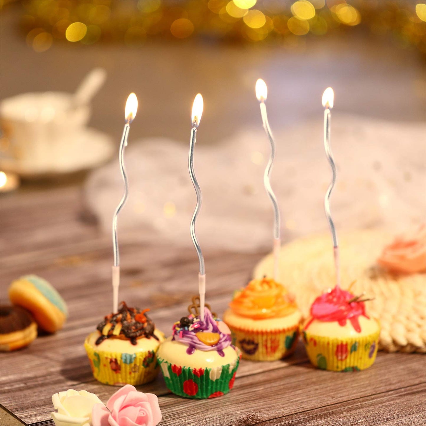 BBTO 12 Pcs Twisted Birthday Candles Spiral Metallic Cupcake Thin Long Cake Candles with Holders for Birthday Wedding Party(Silver)
