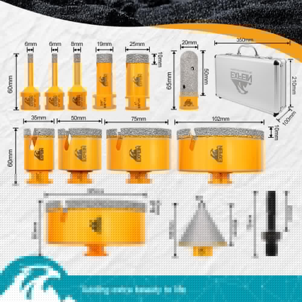 EXFEIN Tile Hole Saw Kit 13pcs - Diamond Core Drill Bits 6/6/8/19/25/35/50/75/102/125mm for Tile Porcelain Marble Granite with 20mm Diamond Finger Bit and 2" Chamfer Bit Trimming Hole and SDS Adapter