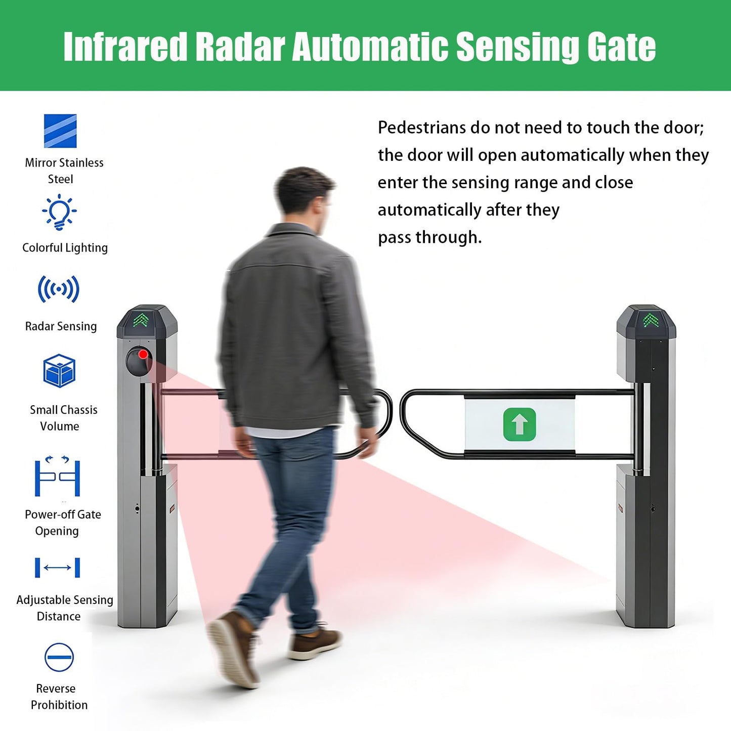 FRANREADER Public Entrance Automatic Turnstile with Radar Sensing - 90° Swing Gate for Transportation Hubs & Retail, Featuring Reverse Alarms & LED Indicators, One-Way Entry Access Control System