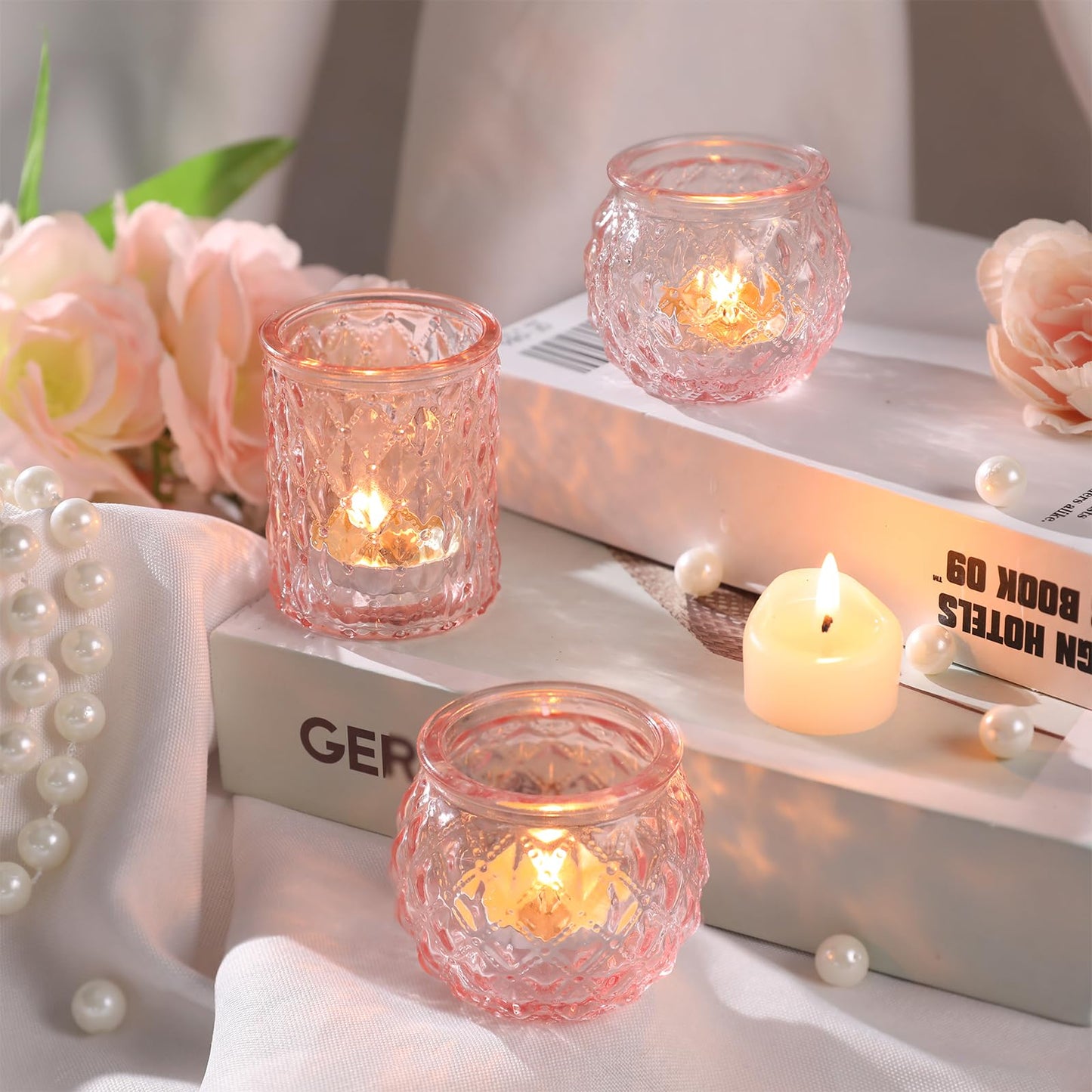 DARJEN Pink Votive Candle Holders Set of 24- Round Glass Candle Holders Bulk for Flameless LED Tea Waxes, Romantic Candle Holder for Wedding & Various Parties, Home Table Decor
