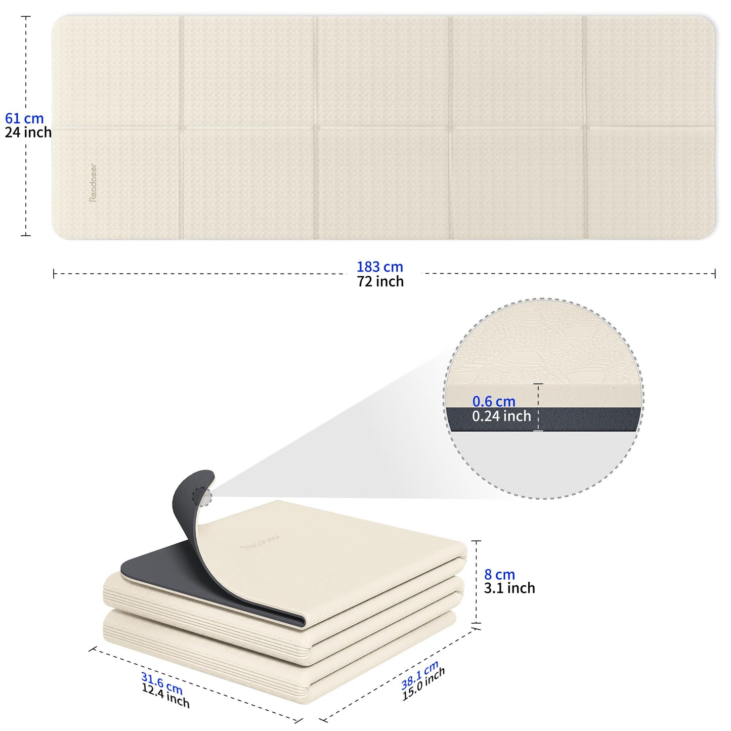 Readaeer Foldable Yoga Mat for Travel Folding Yoga Mat 6mm Thick with Carrying Bag, Non-Slip TPE Exercise Pilates Mat for 72" L x 24" W x 0.24 Inch (Beige)