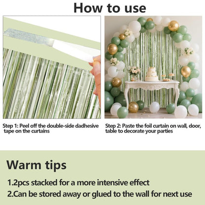 4 Packs Sage Green Foil Fringe Curtain, Light Green Glitter Metallic Tinsel Backdrop for Boho Birthday Wedding Bridal Baby Shower Engagement Martini Party Decorations Supplies