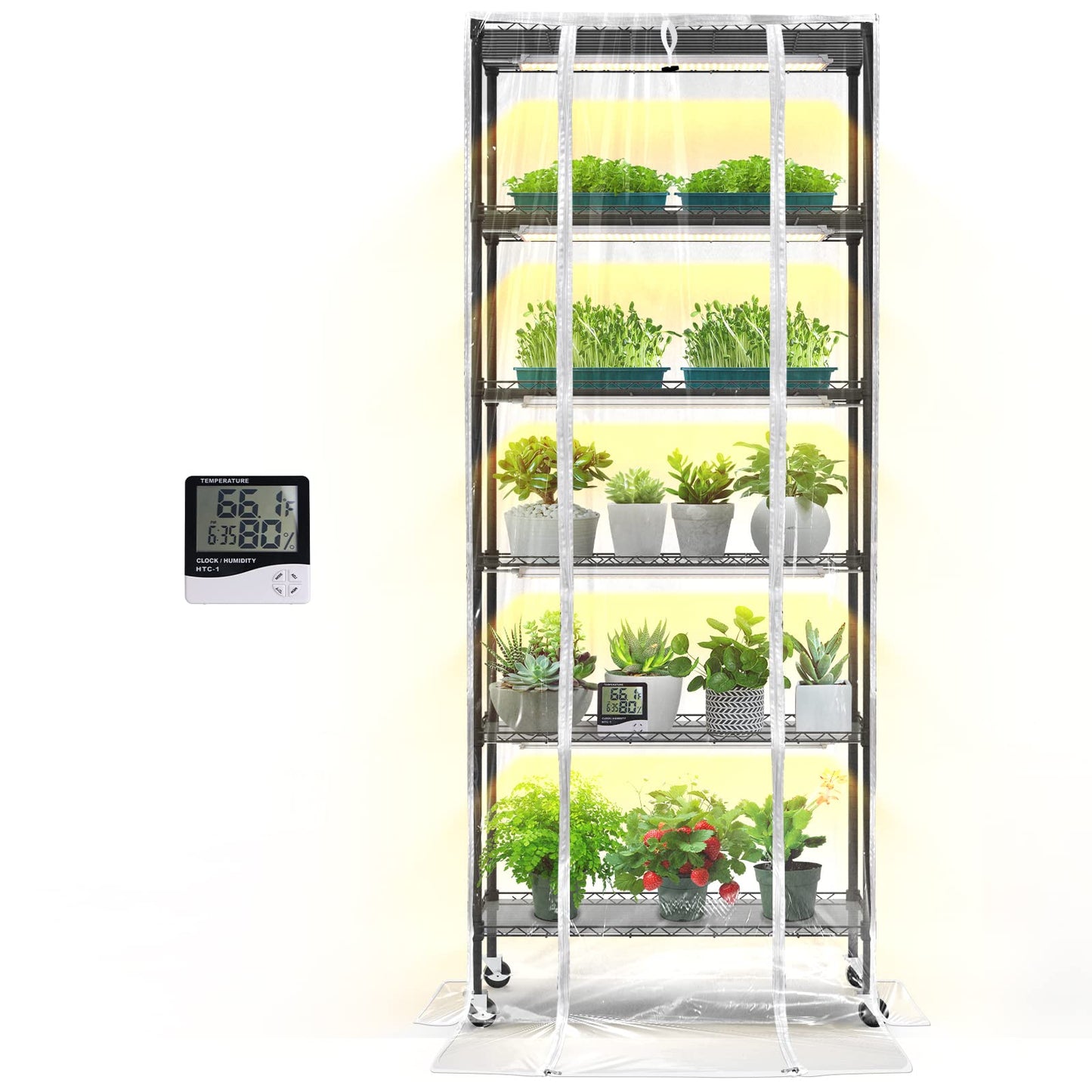 Bstrip Indoor Greenhouse with Grow Light, DIY Plant Shelf with Cover, 6 Tier Plant Stand, 5 Pack 150W Full Spectrum Grow Lights with 3 Color Mode For Indoor Plants, Seed Starting, 29.5"L×13.8"W×71"H