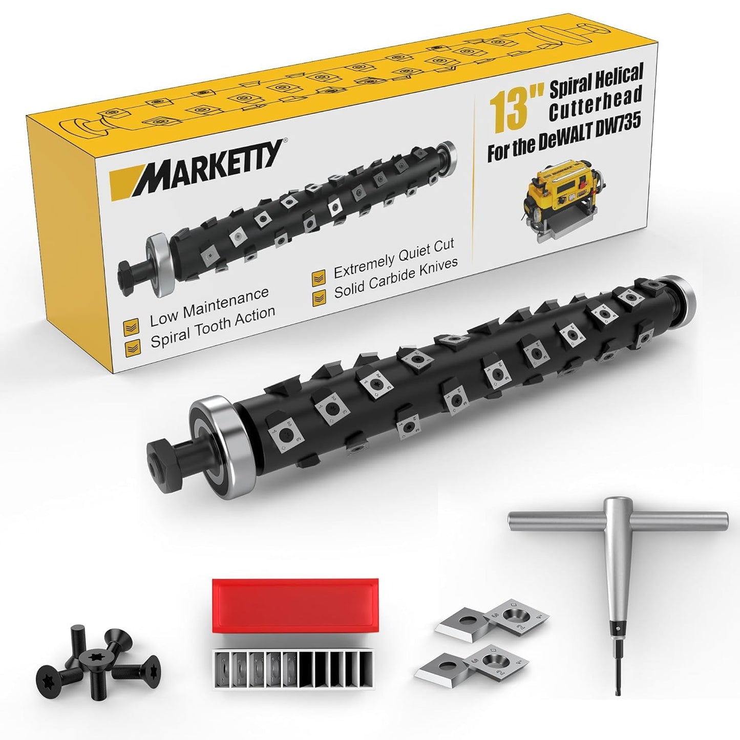 Upgrade 13 Inch Helical Cutterhead Compatible with DW735 DW735X，4 Rows for DeWalt Thickness Planer, Quiet & Efficient， Pre-Installed Bearing, 5 Spare Carbide Blades, Screws & T Wrench