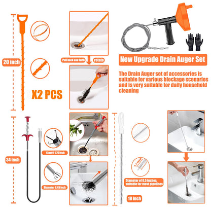 Drain Snake Auger, 33 Feet Plumbing Snake Drain Hair Clog Removal Tool, Sink Unclogger Drain, Heavy Duty Toilet Snake Auger, Cleaner Tool for Bathroom Kitchen Tub Shower Drain Clog Remover with Gloves